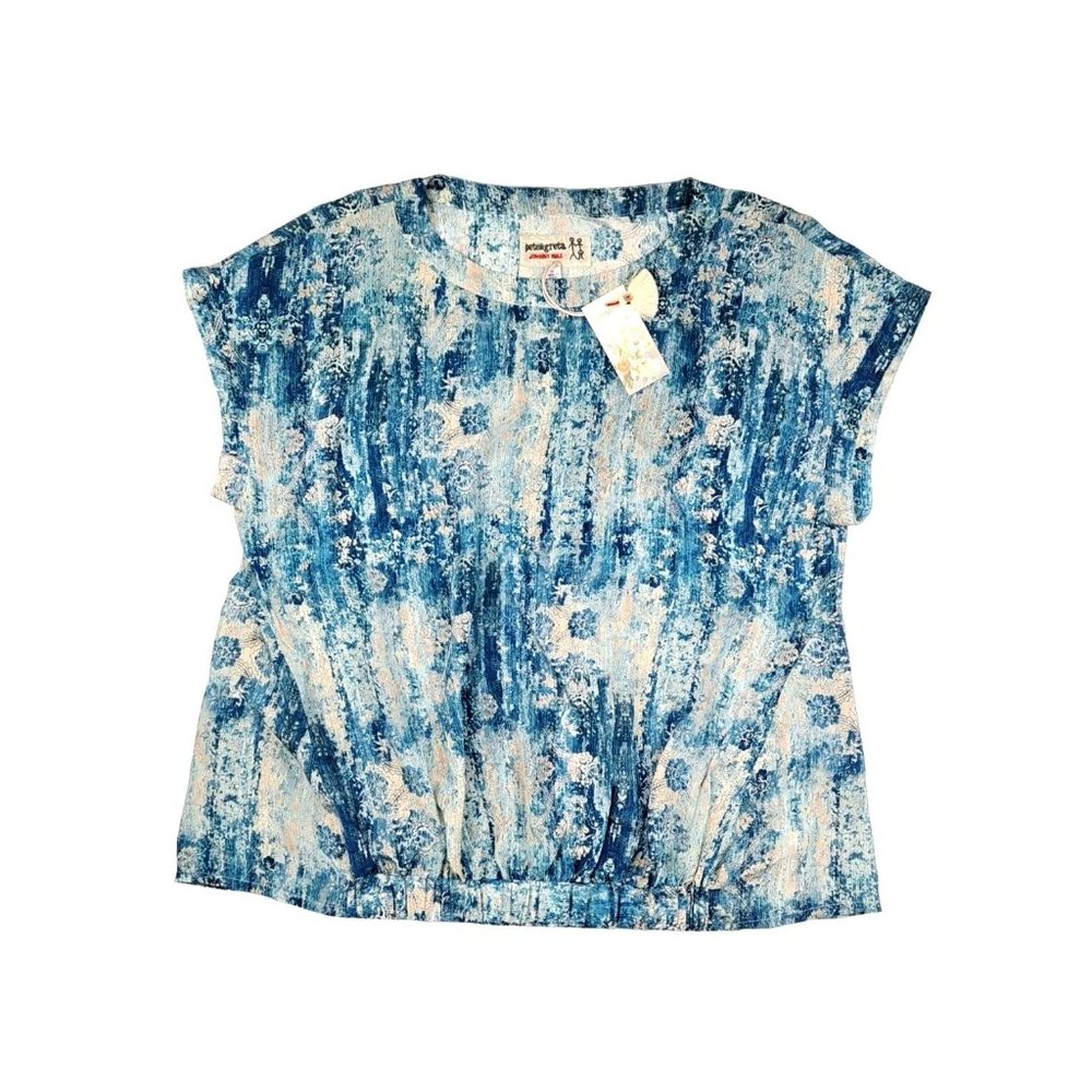 Johnny Was Santorini Blouse Silk Pete Greta Women Size Large Blue Short Sleeve